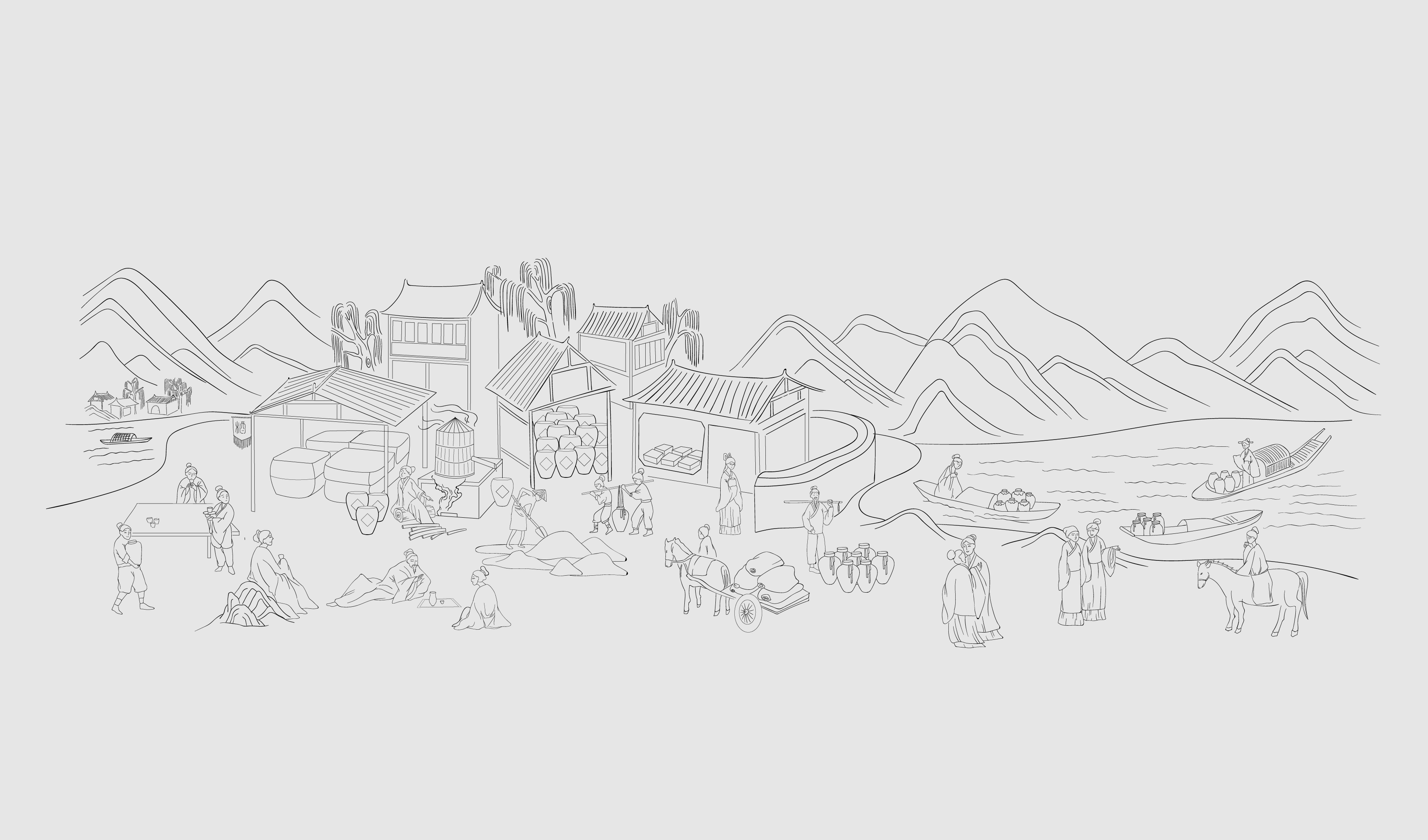 酱酒工艺酱酒文化 线条 古代 插画矢量图